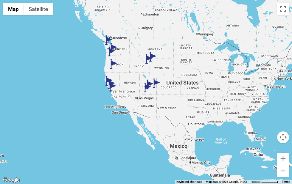 Map of the 2021 road trip with twelve marked destinations across the western United States